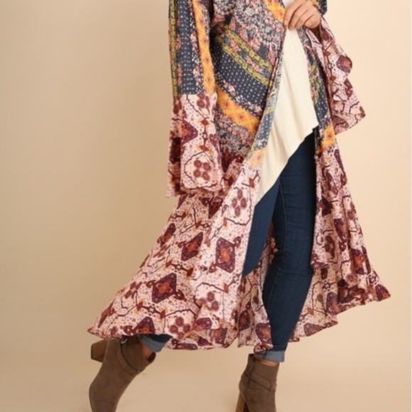 "Caravan" Mixed Print Bell Sleeve Long Line Kimono - Picture 5 of 7